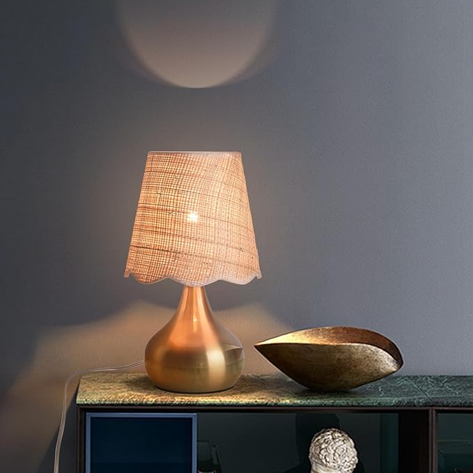 Gold Small Bedside Table Lamp for Bedroom, Brass Gold Mini Table Lamps for Nightstand, Rattan Shade Table Lamps for Small Spaces for Kitchen Counter, Bookshelf, Bedroom, Living Room, Kids Dorm - Bloomnest