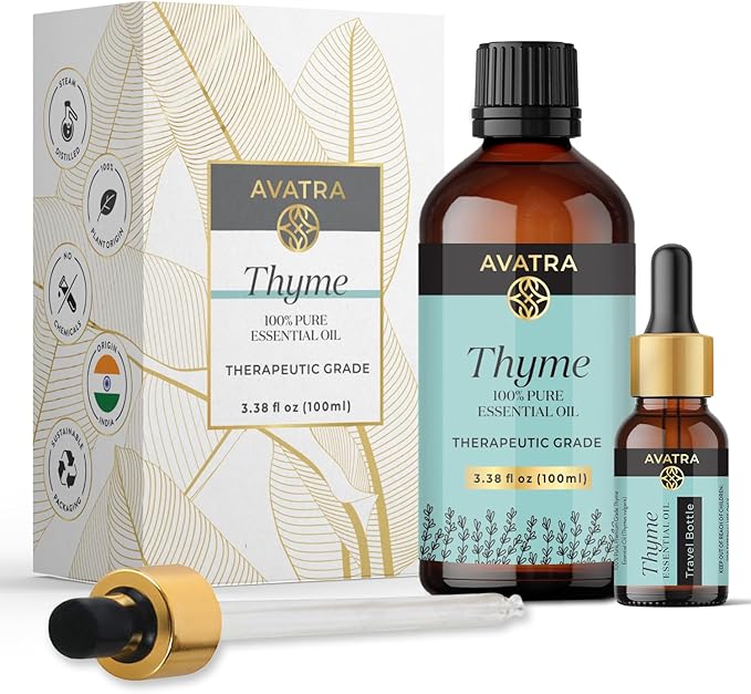 Avatra Thyme Essential Oil 100ML (3.38 OZ) with Glass Dropper and Travel Bottle, Pure and Natural Therapeutic Grade Thyme Oil for Diffuser, Aromatherapy, Massage, and DIY Candle Products - Bloomnest