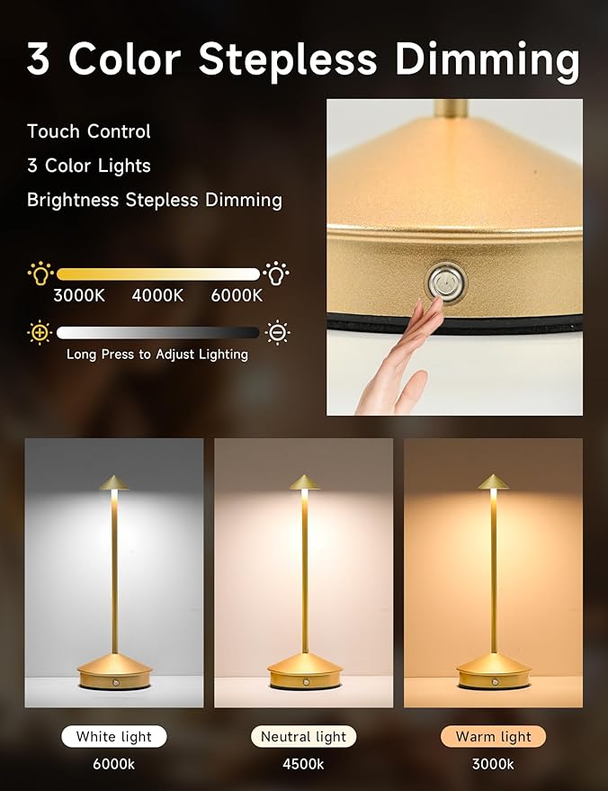 Cordless Table Lamps,LED Rechargeable Desk Lamp,Portable Modern USB Battery Operated Lights,Outdoor Waterproof Touch Dimmable,for Patio,Restaurant,Bar,Camping,Dining Home Set of 2 Gold - Bloomnest