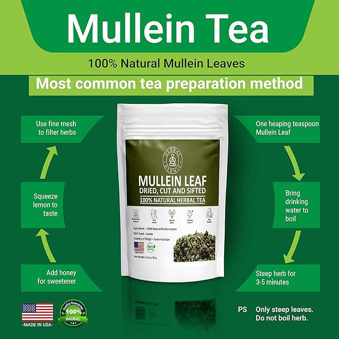 Herbal Hermit Mullein Leaf Tea (3 oz/85 grams) Herb for Respiratory Support, Mucous Membranes, Lung Cleanse Dried Leaves Blend, Cut and Sifted Made in USA - Bloomnest