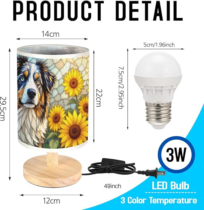 Australian Shepherd Table Lamp LED 3-Color Pressed Bedside, Dog Shade Lamp with Wood Base for Bedroom Living Room Desk Office - Bloomnest