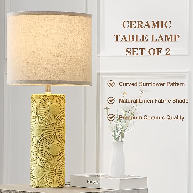 25.25" Ceramic Lamps Set of 2 for Living Room, Bedroom, Yellow Flower Table Lamps Set of 2 for Buffet, Ceramic Bedroom Lamp for Nightstand, Farmhouse Lamp for Console Table, Credenza - Bloomnest