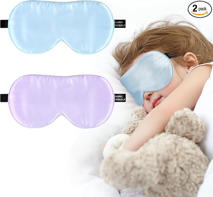 Silk Sleep Eye Mask for Kids, 100% Real Natural Pure Silk Sleeping Masks, Blindfold Sleep Eye Cover with Adjustable Strap, Soft & Lightweight Night Eyeshade for Boys Girls Teens (2 Pack)
