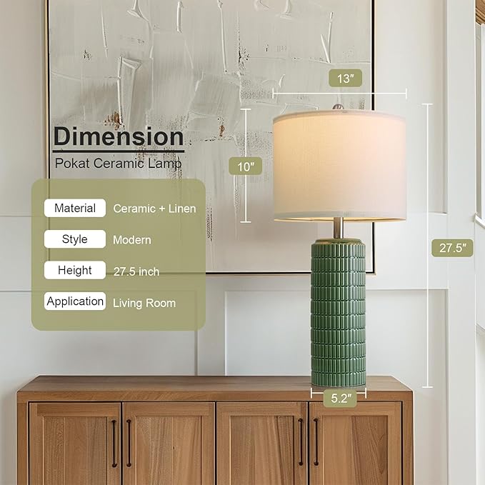 PoKat 27.5" Dark Green Ceramic Table Lamps for Living Room, Farmhouse Table Lamps Set of 2 for Bedroom Night Stands, Modern Bedside Lamps for End Side Table, Vintage Nightstand Decor Lamps Home Office - Bloomnest