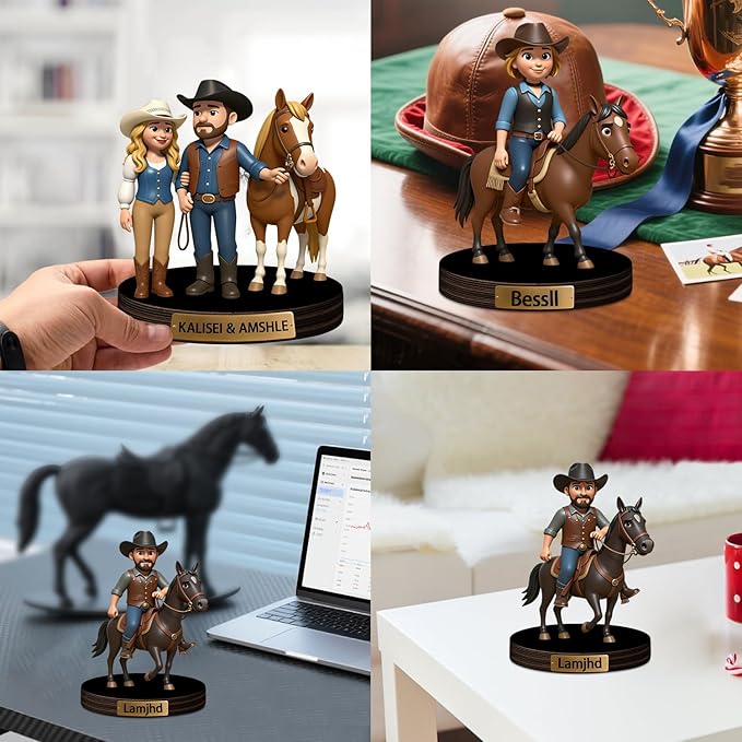 Custom Horse Equestrian Photo Cartoon Style Desk Decor with Wooden Base, Personalzied Horse Lover Cartoon Photo Picture Portrait Sculpture Frame Acrylic Sign Plaque Gifts for Women Men - Bloomnest