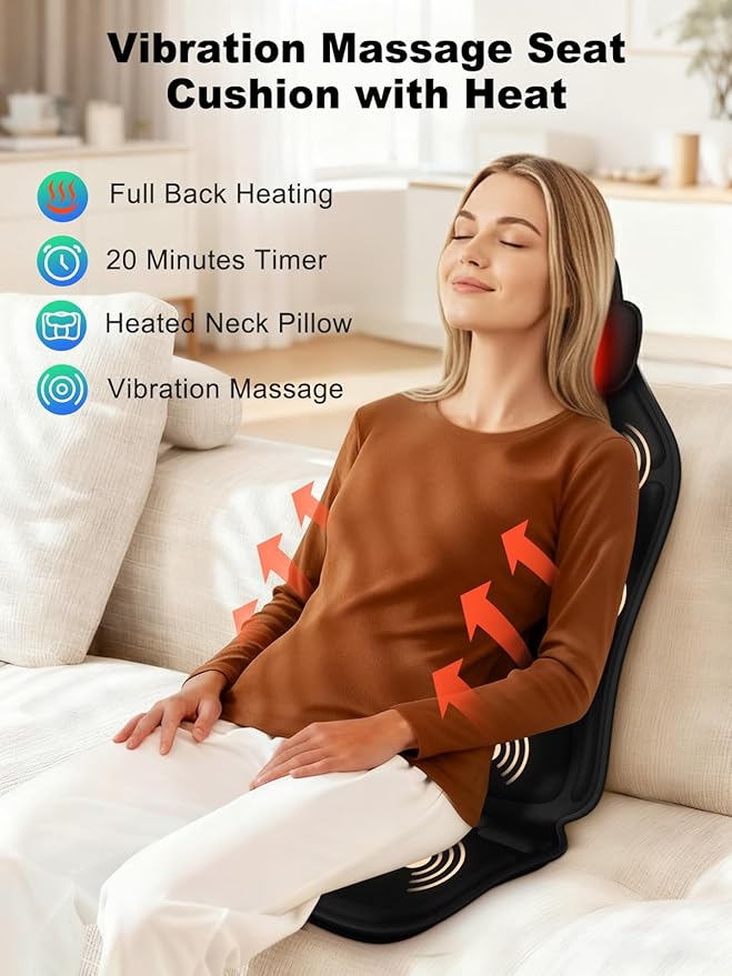 Back Massager with Heat, Massage Chair Pad for Recliner with 2 Heating Levels & 6 Vibration, Seat Cushion for Seniors, Office Workers & Family, Fatigue & Pain Relief in Office, Home & Travel - Bloomnest