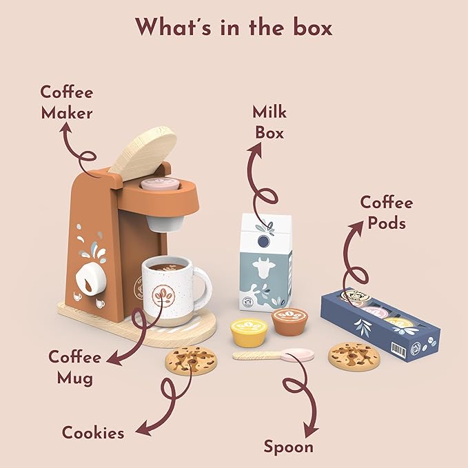 SPEEDY MONKEY Wooden Kids Coffee Machine Playset – FSC Certified Pretend Play Espresso Maker, Barista Role Play Café Set Toy for Toddlers, Boys & Girls, Coffee Grinder with Cups & Kitchen Accessories - Bloomnest