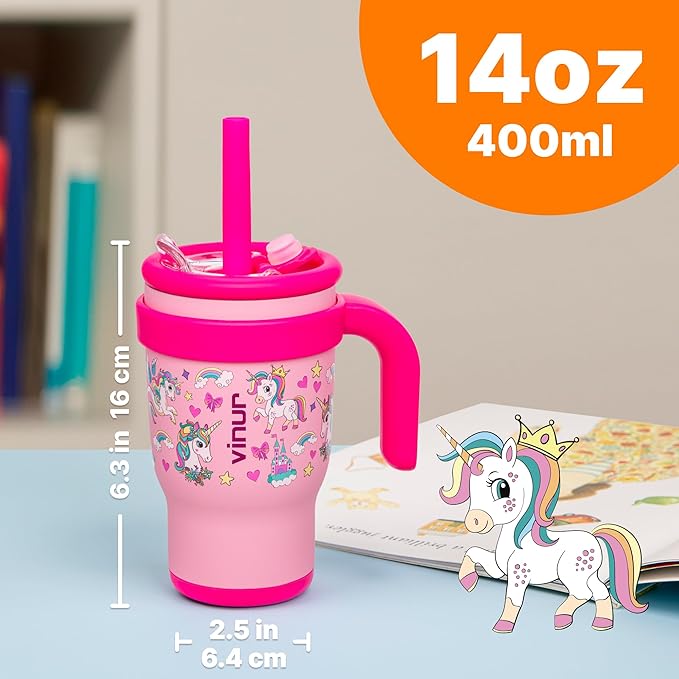 VINUR Kids 14 oz Tumbler with Handle-Reusable Stainless Steel Vacuum Insulated Tumbler with Lid and Straw, Leak Proof Water Cup for Travel(Unicorn) - Bloomnest