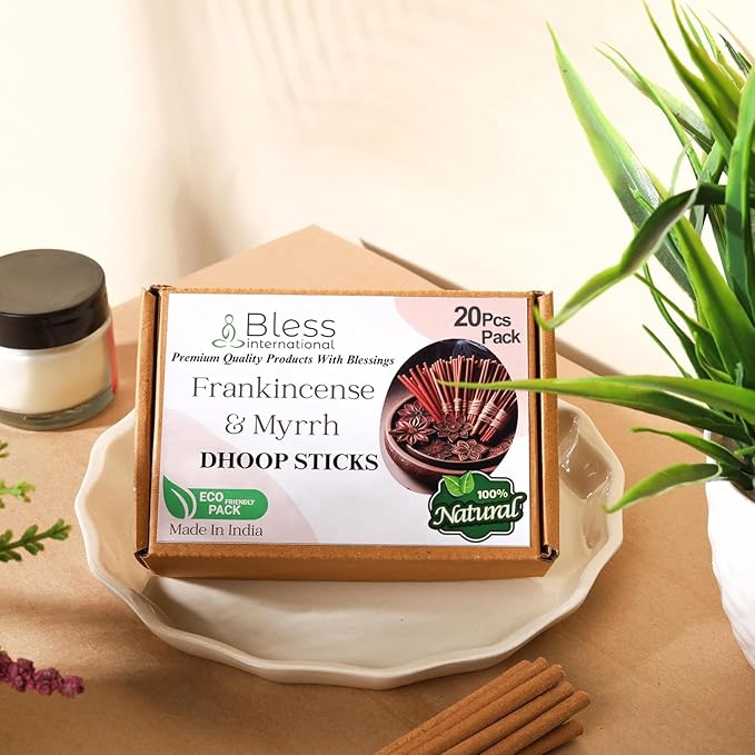 Bless-International Frankincense-and-Myrrh-100%-Natural-Incense-Bambooless-Dhoop-Sticks Handmade-Organic-Chemicals-Free for-Relaxation-Positivity-Yoga-Meditation The-Best-scents-4.5-Inches-20-Sticks BlessInternational