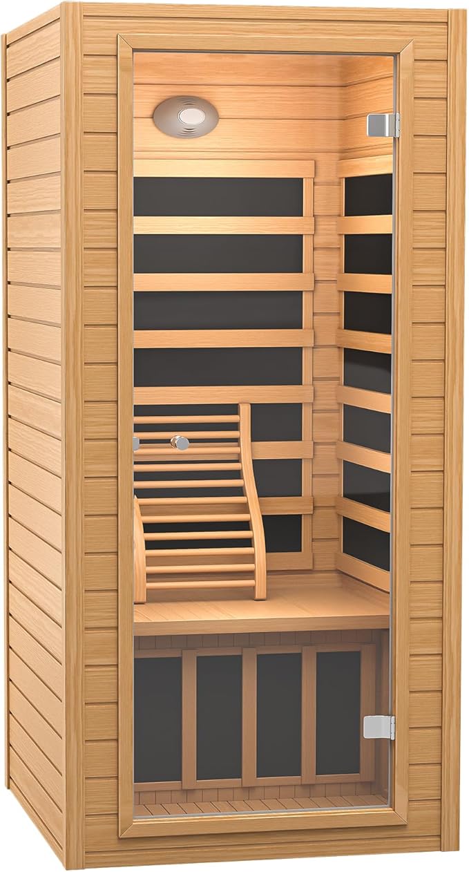 Real Relax 1 Person Infrared Sauna, Indoor Near Zero EMF Canadian Hemlock Wood Sauna with 1400W, 9 Chromo Therapy Lights, Oxygen Lonizer, Bluetooth, LCD Control Pannel for Home Spa Days RealRelax