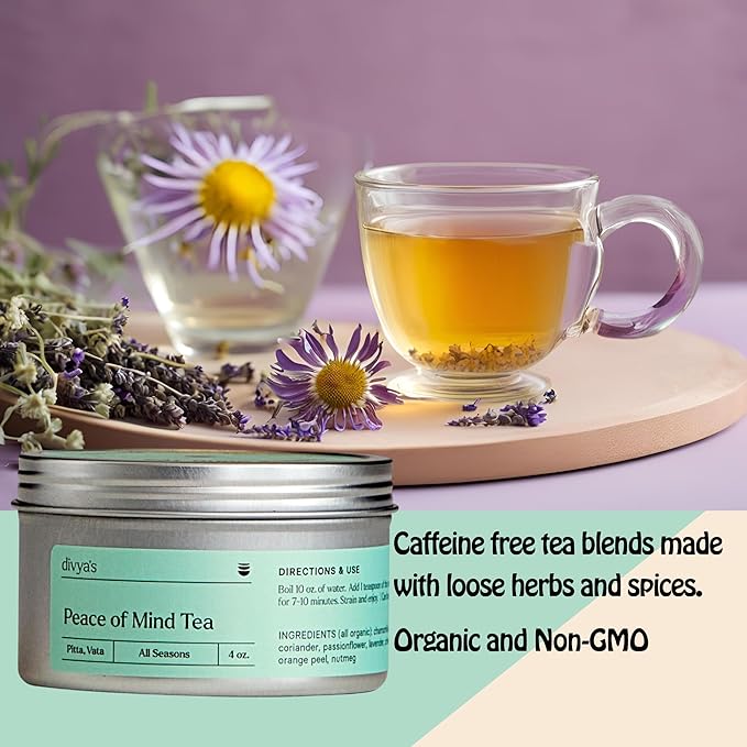 Divya's Calming Peace of Mind Tea, Ayurvedic Herbal Tea with Chamomile, Passion Flower, Lavender, Calming Herbs to Unwind & Relax, Caffeine Free, Organic, Non-GMO, Ayurvedic, Loose Leaf Tea - Bloomnest