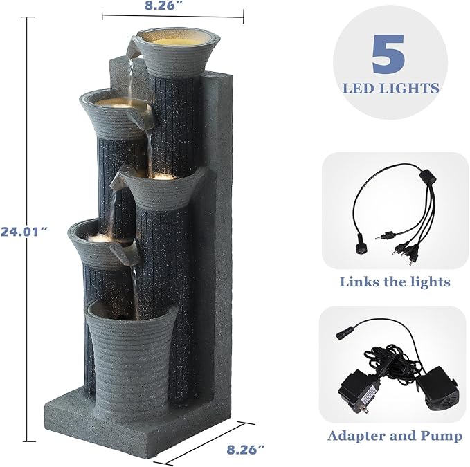 Grepatio Garden Water Fountain, 5 Tier Outdoor Cascading Waterfalls Fountains with LED Lights and Pump Indoor Modern 24" H Floor Standing Water Fountain for Garden, Patio, House Decor (Greyish Black) - Bloomnest