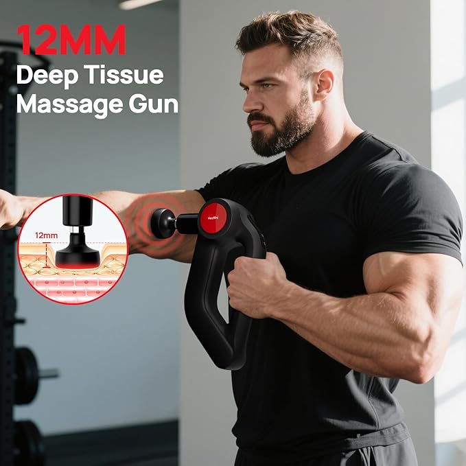 Deep Tissue Massage Gun with Heat, 12mm Amplitude Percussion Massager for Athletes & Muscle Relief, Professional Handheld Masssger Gun for Neck, Back, Shoulder, Leg, Gift for Men, Black - Bloomnest