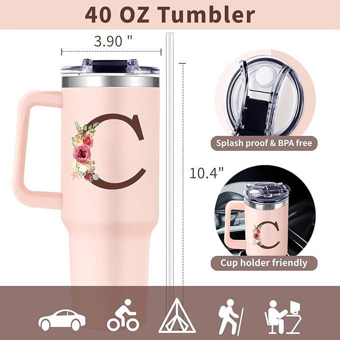 Monogrammed 40oz Tumbler with Handle for Women, Personalized Birthday Gifts for Women,Initial Cups for Woman Floral Letter C,Customized Gifts for Female Lady Gift for Mothers Day Christmas - Bloomnest