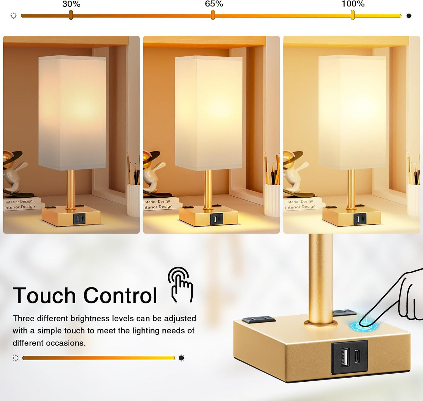 Gold White Touch Table Lamp - Bedside Lamp with USB A + Type C Charging Ports and Two AC Outlets, Small Night Stand with E26 LED Bulb, Desk Light for Bedroom Living Room Office Dorm