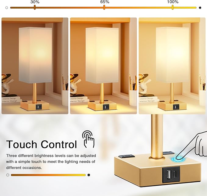 Gold White Touch Table Lamp - Bedside Lamp with USB A + Type C Charging Ports and Two AC Outlets, Small Night Stand with E26 LED Bulb, Desk Light for Bedroom Living Room Office Dorm - Bloomnest