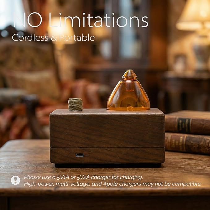 Amber Premium Glass Essential Oil Diffuser with Handmade Wood Base for Aromatherapy, Retro Waterless Scent Diffuser with Cool Mist, Rechargeable & Wireless Oil Nebulizer with LED & Timer, 2026 Model CHEZARTEMIS