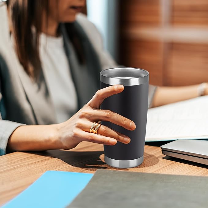 20 oz Tumbler Stainless Steel Tumblers Bulk with Lid Double Wall Insulated Coffee Tumbler Cups for Hot & Cold Drinks Powder Coated Travel Coffee Tumbler Mug Metal (Black, 1 pack)