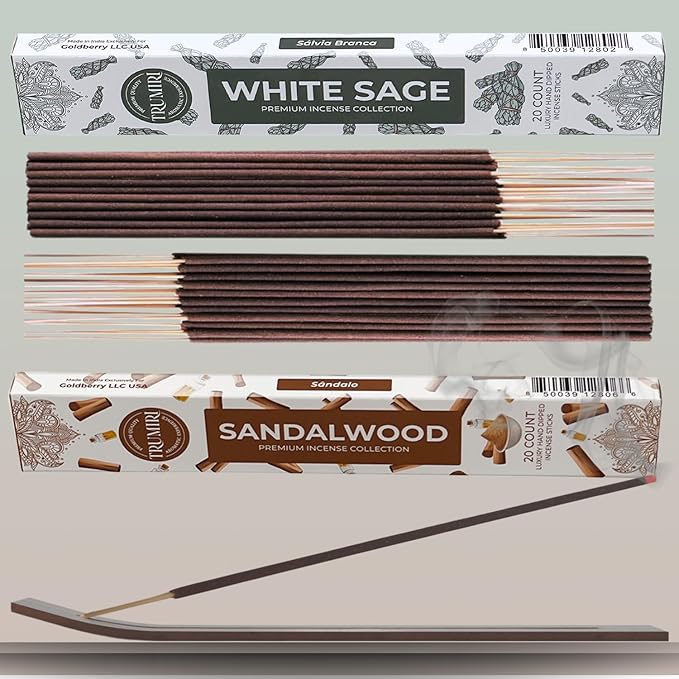 Trumiri Incense Combo Pack - 40 Sticks (20 White Sage + 20 Sandalwood) - All Natural