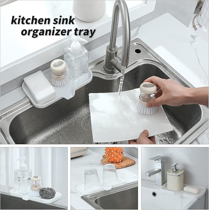Silicone Bathroom Soap Dishes with Drain Spout-Bathroom and Kitchen Sink Organizer,Sponge Holder,Dish Soap Tray,Perfect for Dispenser,Scrubber,Bottle,Cup on Sink or Counter-White 9.6"×5.3" - Bloomnest