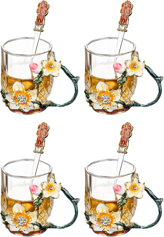 Enamel Crystal Lead-Free Glass Tea Cup, 4 Pack Vintage Tea Cups with Spoon Set 14oz/70ml Glass Coffee Mug, Valentines Gifts for Her Girlfriend Wife - Bloomnest
