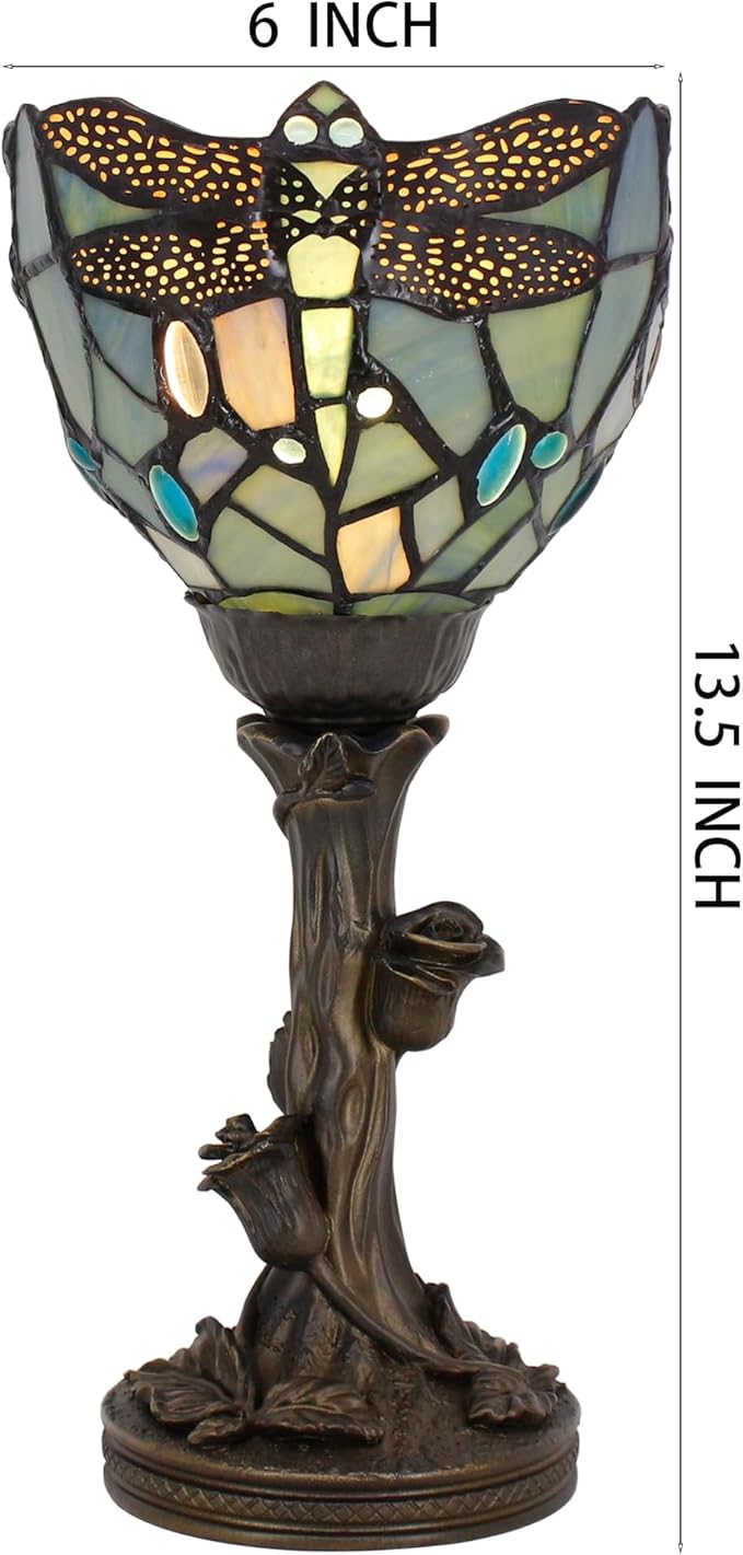 Small Tiffany Lamp Mini Stained Glass Table Lamp Blue Dragonfly Accent Desk Uplight W6 H13.5 Inch Bronze Resin Base - Bloomnest