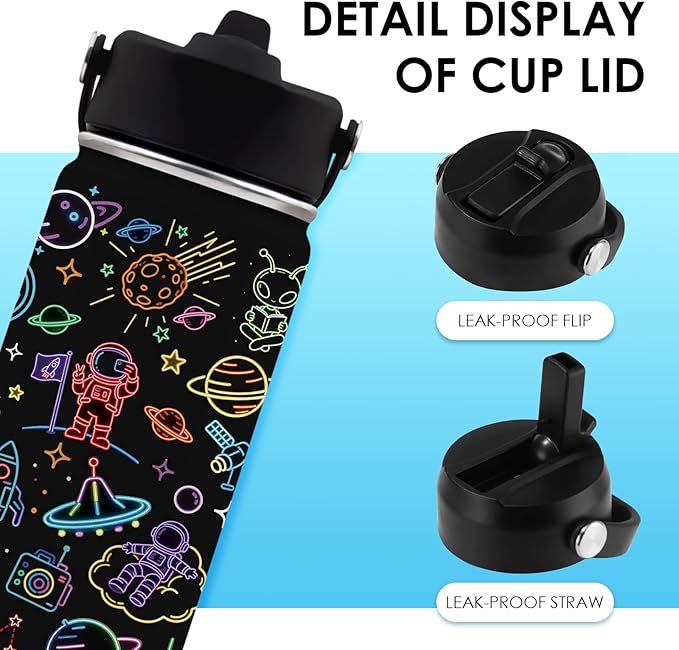 Space Gifts for Kids - 16oz Insulated Water Bottle with Straw Lid, Stainless Steel Leakproof Tumbler, Leak Proof, BPA-Free, for Boys Daily Use, Travel - Space Lovers Children Birthday Gift Cup (1pc) - Bloomnest