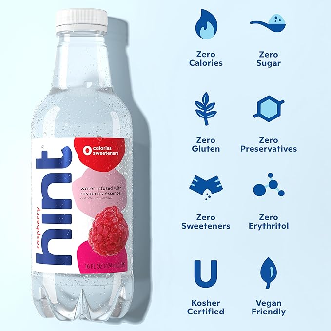 Hint Fruit-Infused Bottled Water, Raspberry - Sugar Free Flavored Water with Zero Calories, Naturally Flavored, and No Artificial Sweeteners - 16 Fl Oz (Pack of 12) - Bloomnest