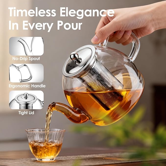 1800ml Glass Teapot with Infuser, Stovetop Safe Large Tea Pot, Hand Crafted Borosilicate Glass Tea Kettle, Blooming and Loose Leaf Tea Maker for Tea Lovers, Tea Gift Set with Cleaning Brush - Bloomnest