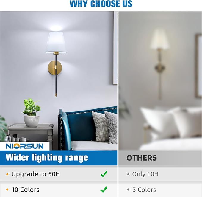 NIORSUN 19.9 inch Battery Operated Wall Sconce Set of 2,Black-Gold Rechargeable Wall Lights with 5200mAh Dimmable Detachable Bulbs and Remote,10 Colors Wireless Sconces for Bedroom Living Room Hallway - Bloomnest