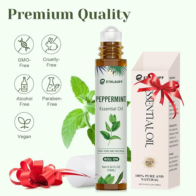 Peppermint Essential Oil Roll On, Natural & Prediluted Oil Blend Roller with Fresh Minty Aroma - Aromatherapy & Headache Relief - Bloomnest