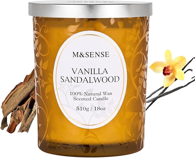 M&SENSE Vanilla Sandalwood Candle, Cracking Wooden Wick Soy Wax, 18oz 100 Hours Long Lasting Clean Burn, Large Jar Candles for Home Scented, Non-Toxic Relaxing Aromatherapy Gifts for Women - Bloomnest