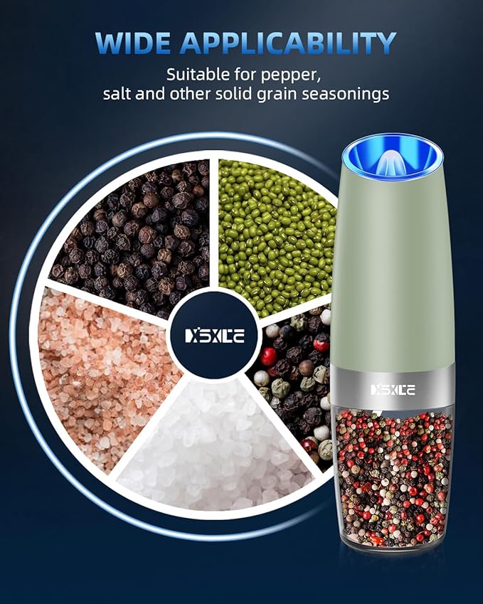 Gravity Electric Pepper and Salt Grinder Set, Adjustable Coarseness, Battery Powered with LED Light, One Hand Automatic Operation,Light Green, 2 Pack - Bloomnest