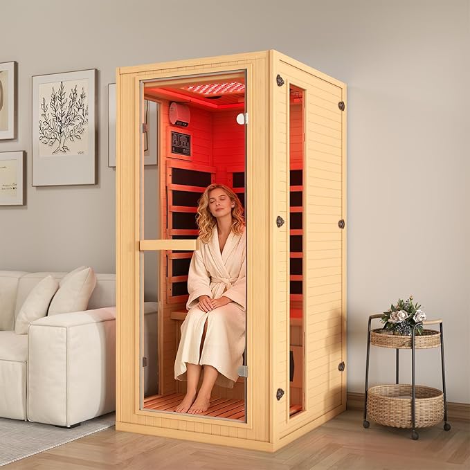 1 Person Infrared Sauna with Red Light Therapy, Full Spectrum Sauna for Home, Indoor Dry Saunas with Rapid Heating 4 Carbon Panels and 1 Carbon Tube, Oxygen Bar and 7 Color Therapy Lights, 110V BNEHSDirect