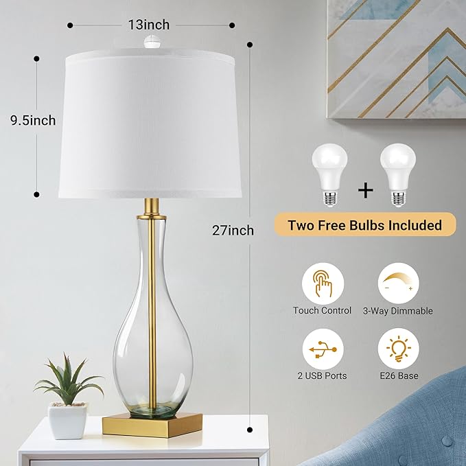 WIHTU Table Lamps Set of 2 with Touch Control, 27" Bedside Desk Lamps for Nightstand Decorations, 3-Way Dimmable Modern Glass Table lamp with USB C and A Charging Ports, Gold (LED Bulbs Included) - Bloomnest