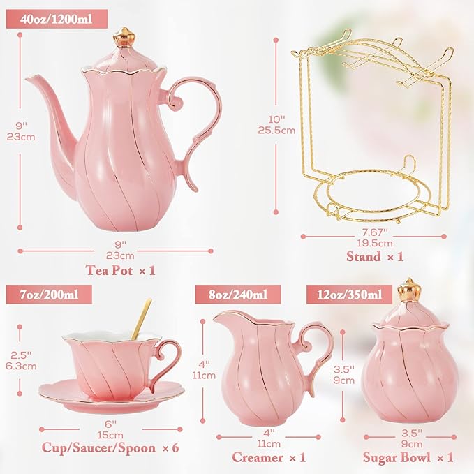 DUJUST 22 pcs Porcelain Tea Set for 6, Luxury British Style Tea/Coffee Cup Set with Golden Trim, Beautiful Tea Set for Women, Tea Party Set, Gift Package (With a Stand) - Pink - Bloomnest