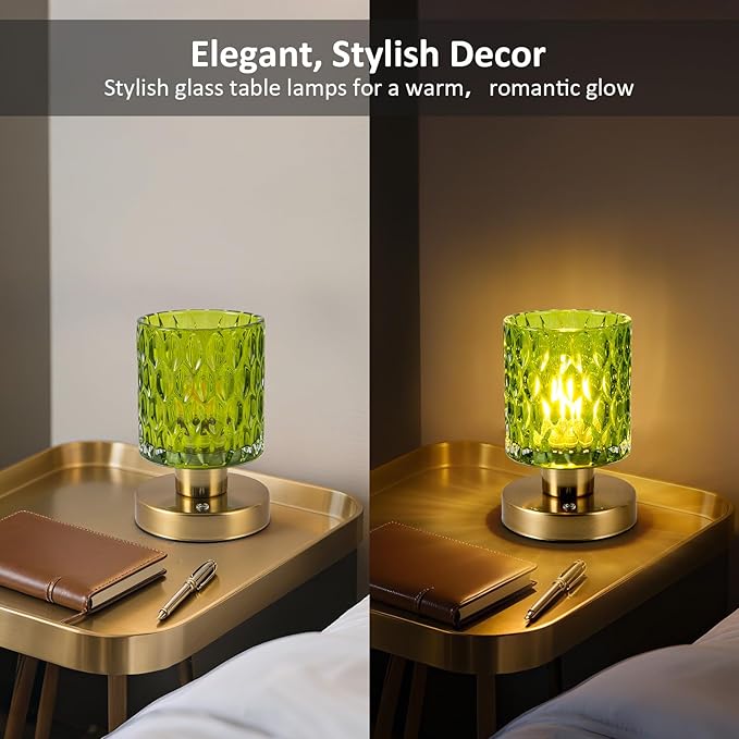 Battery Powered Lamp with Timer, Aesthetic Glass Cordless Lamps, Dimmable Rechargeable Lamp with Remote Control, Small Touch lamp for Nightstand Bedside Bedroom Living Room (Jade Green) - Bloomnest