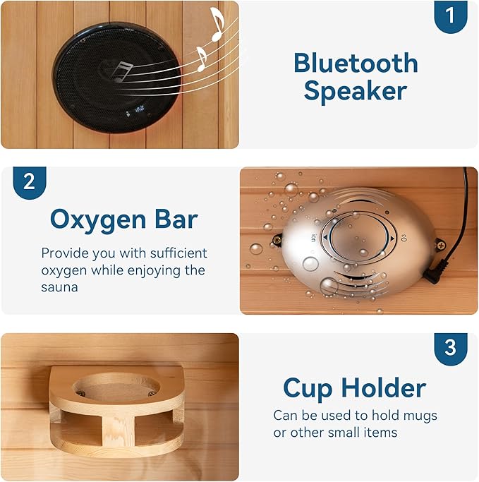 Woodbridge Infrared Home Sauna Room 1 Person Japanese Cedar Indoor Sauna with 7 Carbon Heaters, Red Light Therapy, Bluetooth Speaker, Intelligent Control Panel, Tempered Glass & Top Vent WOODBRIDGE