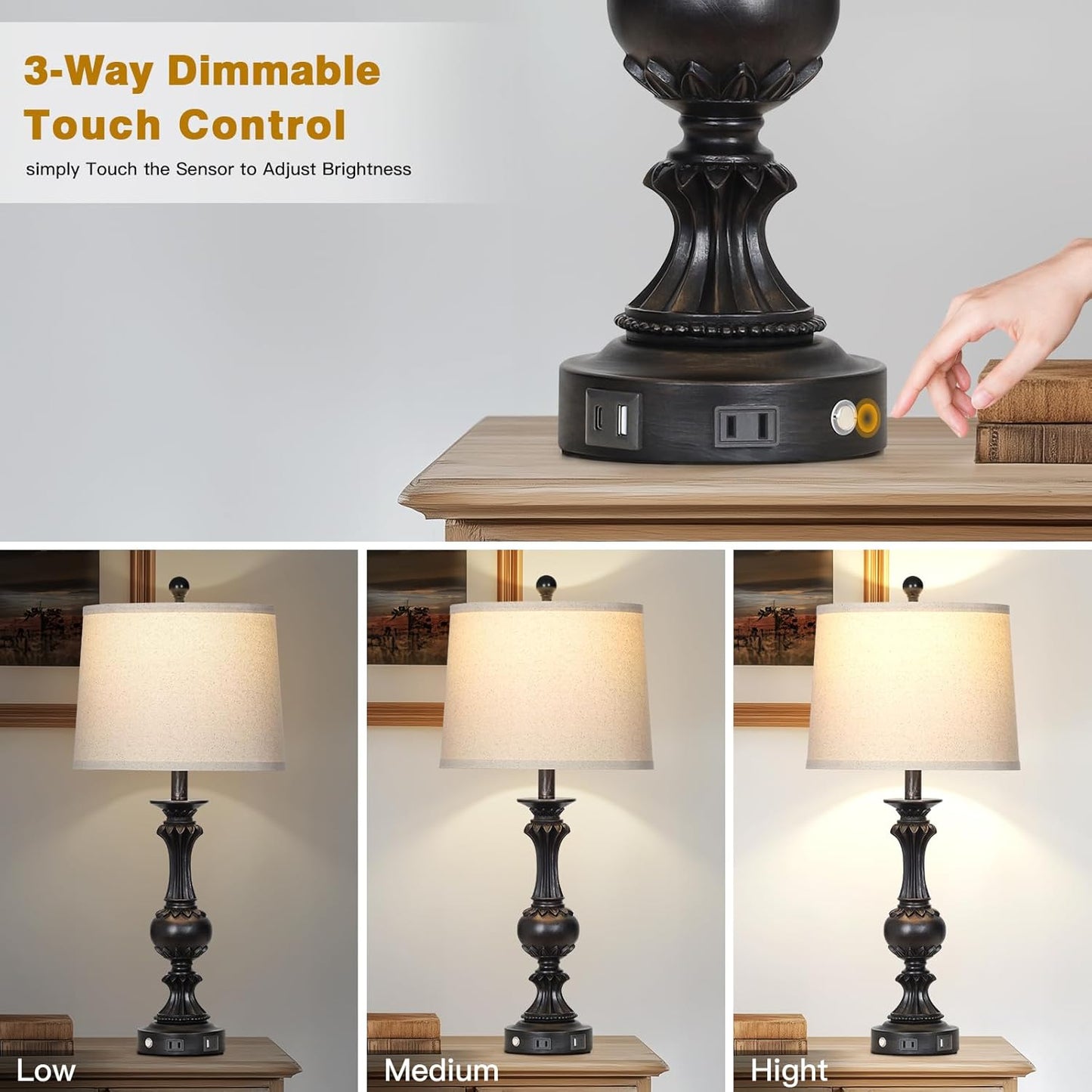 28" Farmhouse Table Lamps Set of 2, Retro Lamps for Living Room with USB C+A Ports & AC Outlet, 3 Way Touch Control Resin Bedside Lamp, Rustic Bedroom Lamp for Nightstand Side End Table Desk, Black