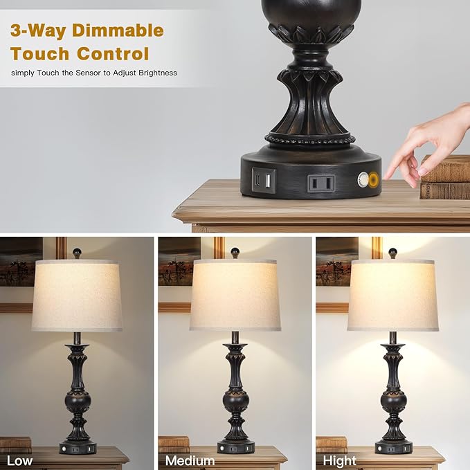 28" Farmhouse Table Lamps Set of 2, Retro Lamps for Living Room with USB C+A Ports & AC Outlet, 3 Way Touch Control Resin Bedside Lamp, Rustic Bedroom Lamp for Nightstand Side End Table Desk, Black - Bloomnest