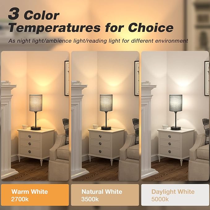 Dicoool Black Bedroom Lamp 3 Color Temperatures - Small Bedside Lamps with USB C and A Ports, Pull Chain Table Lamps with AC Outlet, Black Nightstand Light for Kids Sleeping - Bloomnest
