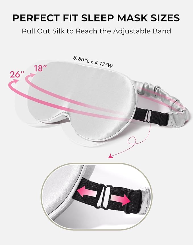 SilkSilky 100% 22 Momme Mulberry Silk Sleep Mask – Upgraded 3D Contoured Eye Mask with Nose Wing Pads & Adjustable Strap, Luxury Blackout Eye Cover for Women & Men (Light Gray) - Bloomnest