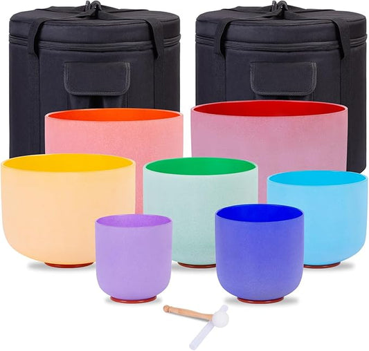 432HZ Set of 7 Colored Crystal Singing Bowls of Meditation 6-12 Inch Sound Bowl for Yoga, Chakra Healing,2PCS Travel Carry Case Bag1pcs Rubber Mallet 1pcs crystal mallets