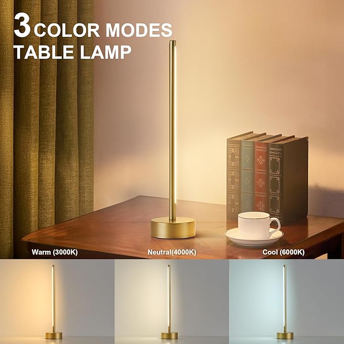 Cordless LED Table Lamp Set of Two, Battery Operated Portable Desk Lamp,Dimmable/3 Color/Memory Function,Modern Rechargeable Table Light for Living Room,Bedroom,Bedside,Gold, 2 Pack - Bloomnest