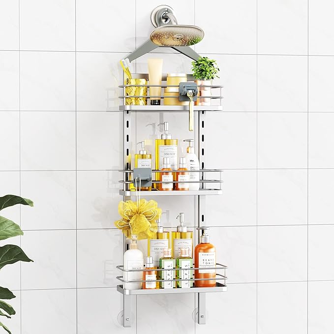 ODesign 3 Tier Height-Adjustable Shower Caddy Hanging Anti-Swing-Over The Shower Head Caddy-Storage Organizer Bathroom Shelves Basket-Silver - Bloomnest
