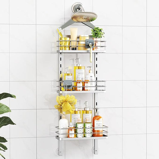 ODesign 3 Tier Height-Adjustable Shower Caddy Hanging Anti-Swing-Over The Shower Head Caddy-Storage Organizer Bathroom Shelves Basket-Silver - Bloomnest