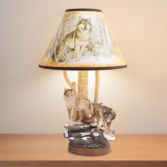 Forest Wolf Table lamp, Wildlife Side Table Lamp, Tradition Decor with lampshade (Includes Bulb), Nightlight for Cottage, Wooden Base for Bedside Table lamp, Rustic Farmhouse - Bloomnest