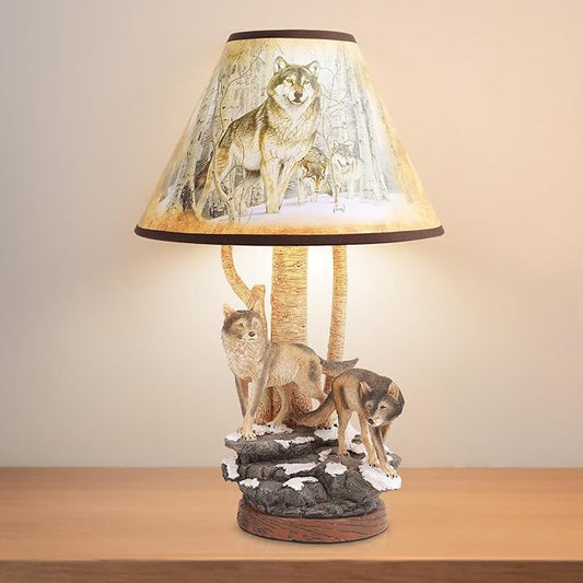 Forest Wolf Table lamp, Wildlife Side Table Lamp, Tradition Decor with lampshade (Includes Bulb), Nightlight for Cottage, Wooden Base for Bedside Table lamp, Rustic Farmhouse - Bloomnest