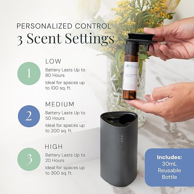 Air Esscentials The Mini Essential Oil Diffuser for Home, Waterless & Smart Portable Diffuser for Essential Oils, USB-C & Rechargeable with Adjustable Settings, Covers 300 Sq. Ft., Black - Bloomnest