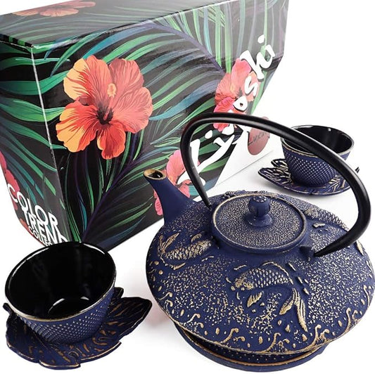 7PC Japanese Tea Set."Midnight Blue Koi" Cast Iron Tea Pot with 2 Tea Cups, 2 Saucers, Tea Infuser and Teapot Trivet. Ceremonial Matcha Accessories